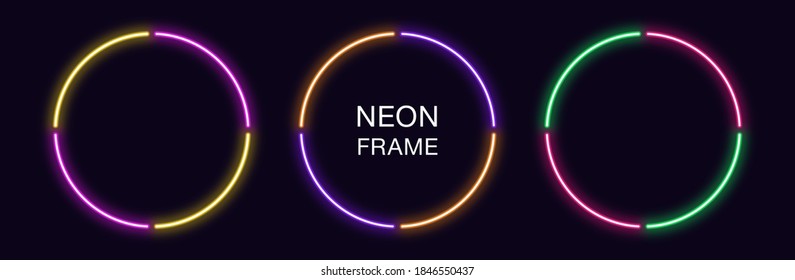 Neon circle Frame. Set of round neon Border in 4 outline parts. Geometric shape with copy space, futuristic graphic element for social media stories. Yellow, purple, orange, green. Fully Vector - Shutterstock ID 1846550437