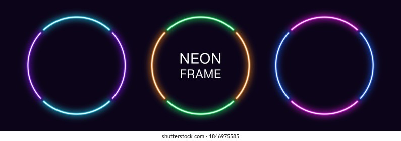 Neon circle Frame. Set of round neon Border in 4 outline parts. Geometric shape with copy space, futuristic graphic element for social media stories. Violet, blue, purple, green. Fully Vector