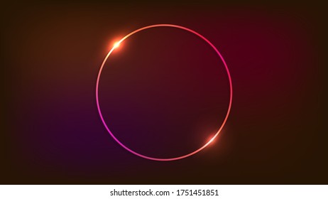 Neon circle frame with shining effects on dark background. Empty glowing techno backdrop. Vector illustration.