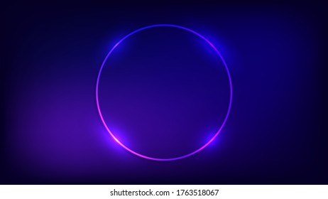 Neon circle frame with shining effects on dark background. Empty glowing techno backdrop. Vector illustration.