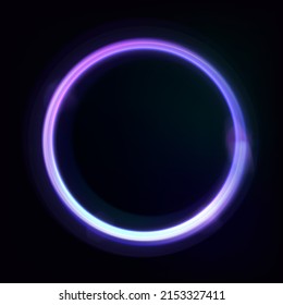Marco de círculo neón con efectos brillantes sobre el fondo oscuro. Fondo tecno morado brillante vacío. Ilustración del vector redondo.