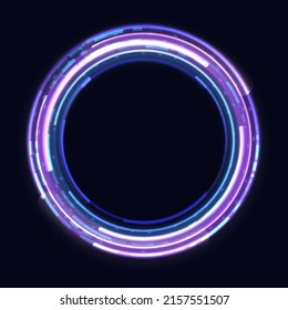 Neon circle frame with shining effects on dark background. Empty purple glowing techno backdrop. Round Vector illustration.