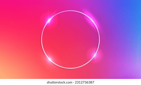 Neon circle frame with shining effects on red background. Empty glowing techno backdrop. Vector illustration