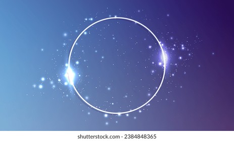 Neon circle frame with shining effects and sparkles on dark blue background. Empty glowing techno backdrop. Vector illustration