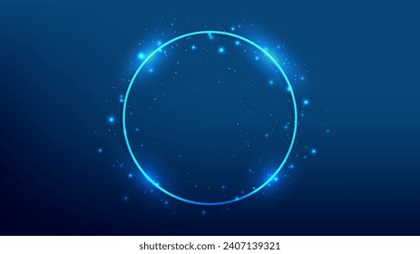 Neon circle frame with shining effects and sparkles on dark blue background. Empty glowing techno backdrop. Vector illustration