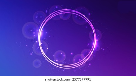 Neon circle frame with shining effects and sparkles on blue background. Empty glowing techno backdrop. Vector illustration