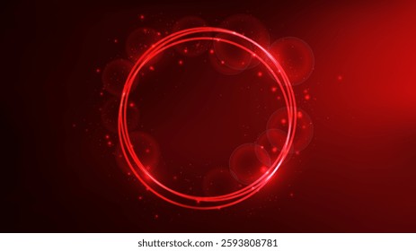 Neon circle frame with shining effects and sparkles on red background. Empty glowing techno backdrop. Vector illustration