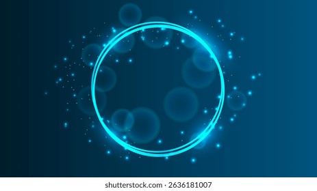 Neon circle frame with shining effects and sparkles on green background. Empty glowing techno backdrop. Vector illustration
