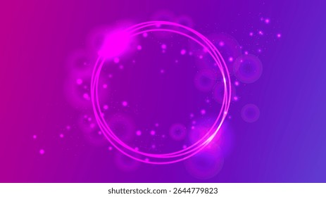 Marco de círculo de neón con efectos brillantes y destellos sobre fondo púrpura. Fondo techno brillante vacío. Ilustración vectorial