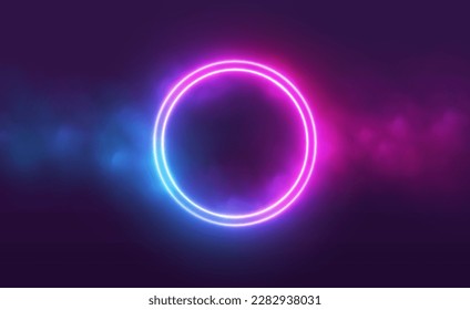 Neon circle frame with smoke cloud, glowing gradient ring with colorful fog and double border. Illuminated realistic night scene. Futuristic portal concept. Vector illustration. - Shutterstock ID 2282938031