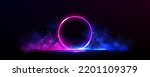 Neon circle frame with smoke on water surface. Round glowing frame with magic light among soft clouds. Purple ring with bright sparkles and flares, Realistic 3d vector abstract mysterious background