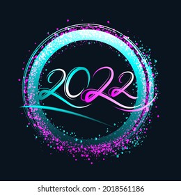 Neon circle frame with violet and blue glow. Vector glitter design element for holiday cards, Christmas or New Year party organizer headliner, banner, poster, web. Template for 2022 year