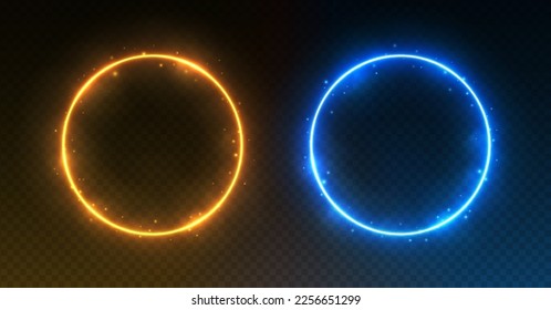 Neon Circle Frames, leuchtende runde Ränder mit Rauch und Funkeln, Eis- und Feuerportalen Konzept. Avatar-Frames für das Spiel UI. Vektorgrafik.