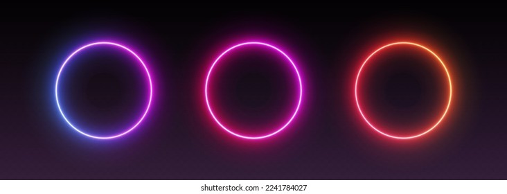 Neon circle frames, gradient glowing round borders, isolated UI elements. Futuristic avatar frames for game interface. Vector illustration.