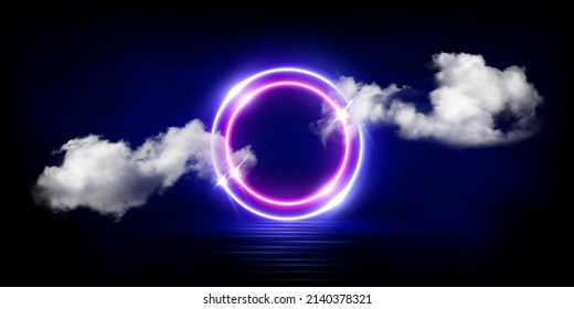 Neon circle frames with soft clouds and glow light effect vector illustration. Abstract electric pink and blue rings shine in sky, glowing magic portal to future with ripples on dark background