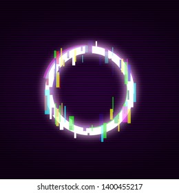 Neon circle with glitch effect abstract style, vector illustration isolated on black background. Illuminated distorted glitch circle frame, modern glowing digital or graphic design element