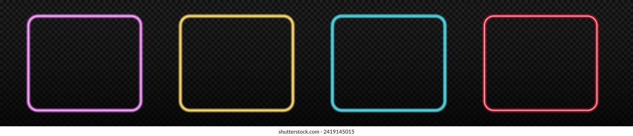 Neon circle glowing ring. Round transparent colored neon vector frame isolated on dark background