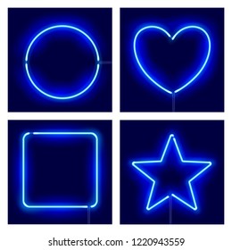 Neon circle, heart, square and star on dark background. Vector realistic different shape blue neon frames