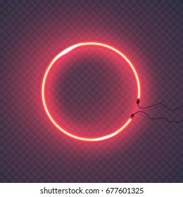 Neon circle lamp wall sign isolated on transparent background. Vector red power glowing circle bulb banner for your design.