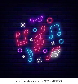 Diseño de círculo neón con notas musicales. Promoción de folletos del festival de música. Logotipo de la escuela de conciertos y música. Tarjeta de saludo brillante. Publicidad ligera. Ilustración de material vectorial