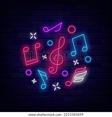 Neon circle layout with musical notes. Music festival flyer promotion. Concert and music school logotype. Glowing greeting card. Light advertising. Vector stock illustration