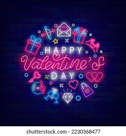Neon circle layout with romantic icons. Happy Valentines Day lettering signboard. Holiday celebration advertising. Luminous emblem. Heart, present and music. Vector stock illustration