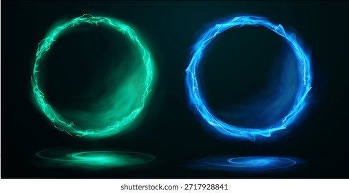 Círculo de néon com efeito de luz, neon verde e azul, fumaça. Ilustração vetorial