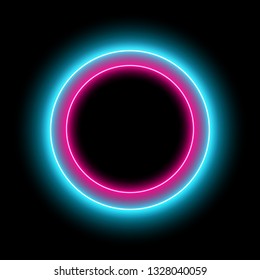 Neon circle with light effect on black background. Modern round frame with empty space for text for advertising, banner, card.