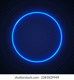 Neon circle. Light glow round blue color isolated on dark background. illuminated frame for design print. Abstract digital circe. Glowing flare loop. Speckle radial circular. Vector illustration