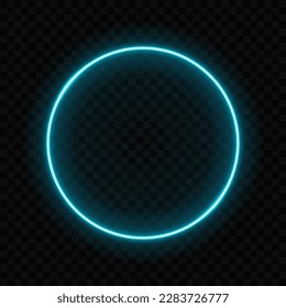 Neon circle. Light glow round blue color isolated on dark background. Illuminated frame for design print. Abstract digital circe. Glowing flare loop. Speckle radial circular. Vector illustration