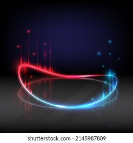 Neon circle light line with shadow on ground. Product display template. Podium and stage glowing effect. Abstract red and blue elements