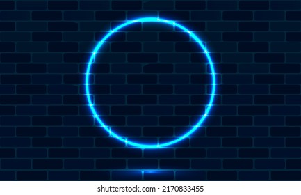 Neon circle on brick wall background.