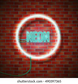 Neon circle on brick wall with type NEON at center. Vector illustration