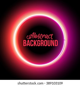 Neon circle red light. Abstract electric background. Glowing frame, vector illustration