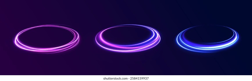 neon circle ring frame, sparkle flash light star shimmer vector on black background, shiny glowing metal white grey round line planet curve. Png, effect, wave,neon,line, futuristic web poster card pr