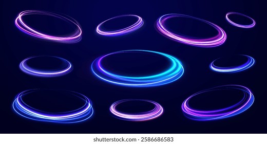 neon circle ring frame, sparkle flash light star shimmer vector on black background, shiny glowing metal white grey round line planet curve. Png, effect, wave,neon,line, futuristic web poster card pr