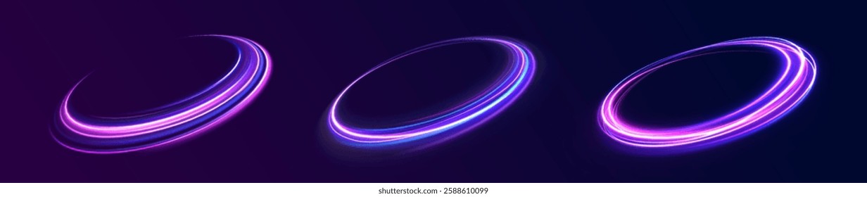 neon circle ring frame, sparkle flash light star shimmer vector on black background, shiny glowing metal white grey round line planet curve. Png, effect, wave,neon,line, futuristic web poster card pr