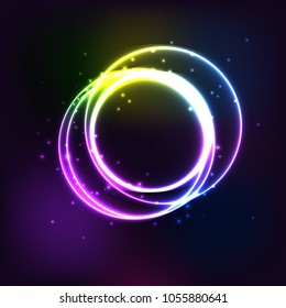 Neon circle. Round frame with glowing and light. Electric bright 3d circuit banner design on dark blue backdrop. Neon abstract circle background with flares and sparkles. Vintage vector illustration