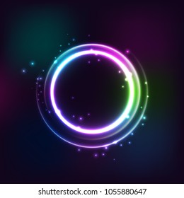 Neon circle. Round frame with glowing and light. Electric bright 3d circuit banner design on dark blue backdrop. Neon abstract circle background with flares and sparkles. Vintage vector illustration