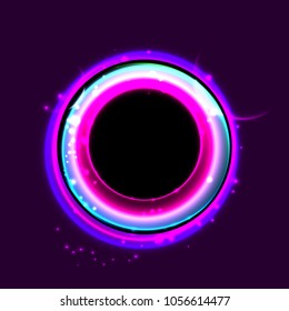 Neon circle. Round frame with glowing and light. Electric bright 3d circuit banner design on dark blue backdrop. Neon abstract circle background with flares and sparkles. Vintage vector illustration