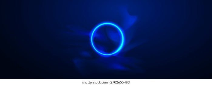 Círculo de neón. Escena de luz azul sobre fondo oscuro con efecto brillante. Concepto de diseño de fondo futurista. Ilustración vectorial