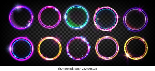 Neon circle set  circular game frame kit  UI futuristic techno glow led rings  vector light portal  Neon circle transparent background  Cyberpunk cosmic round shapes  abstract electric shiny tunnel