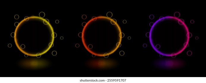 Neon circle set. Multiple glowing rings with light bubbles. Abstract futuristic design, luminescent halo, vibrant glow, digital technology interface, modern light effects, colorful decoration