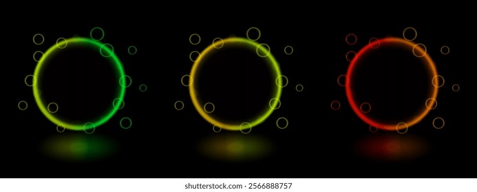 Neon circle set. Multiple glowing rings with light bubbles. Abstract futuristic design, luminescent halo, vibrant glow, digital technology interface, modern light effects, colorful decoration