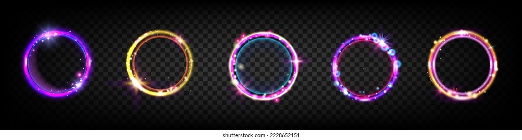 Neon circle set, UI futuristic techno glow led rings, vector light portal circular game frame kit. Cyberpunk cosmic round shapes, abstract electric shiny tunnel. Neon circle on transparent background