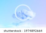 Neon Circle shape in a cloud of fog reflecting in the water. Modern trending 3d conceptual design background. Violet blue pink colors. Vector illustration EPS10