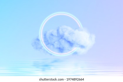 Neon Circle shape in cloud fog reflecting in the water  Modern trending 3d conceptual design background  Violet blue pink colors  Vector illustration EPS10
