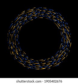 Neon circle shape frame with golden and blue glow. Vector glitter design elements for holiday greeting card, birthday decoration, advertising concept, web. Copy space for texr
