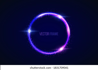 Neon Circle Shape Or Laser Glowing Pink And Blue Lines. Retrowave Style Wallpaper With Copyspace. Vector Illustration Of Realistic Mockup, Template For Game Design, Night Club Logo