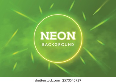 Neon Circle Shape Light Glowing With Smoke On Green Background. Vector Illustration For Futiristic AI, Cloud Computing, Data Science, Smart Electric Technology Concept